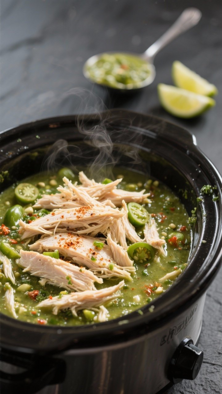 Cooking process close-up: Tender shredded chicken just returned to the slow cooker, glistening in a