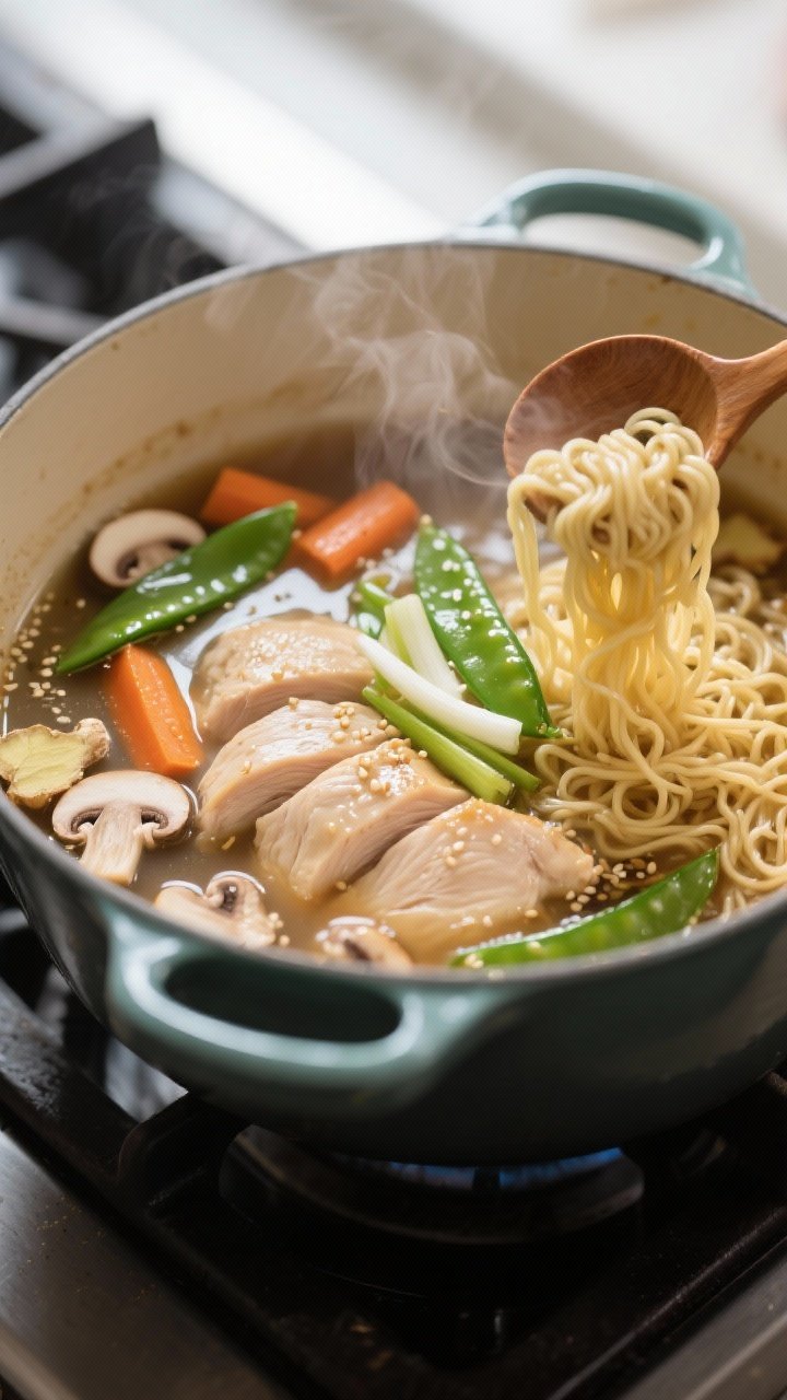 Cooking process close-up: Thin-sliced chicken just returned to a light soy–miso chicken broth in a