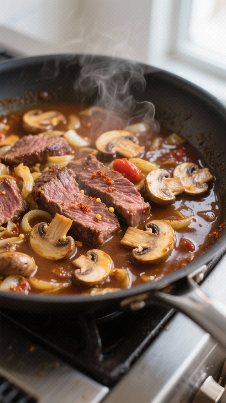 Cooking process close-up: Thinly sliced seared lean beef and golden-browned cremini mushrooms simmer