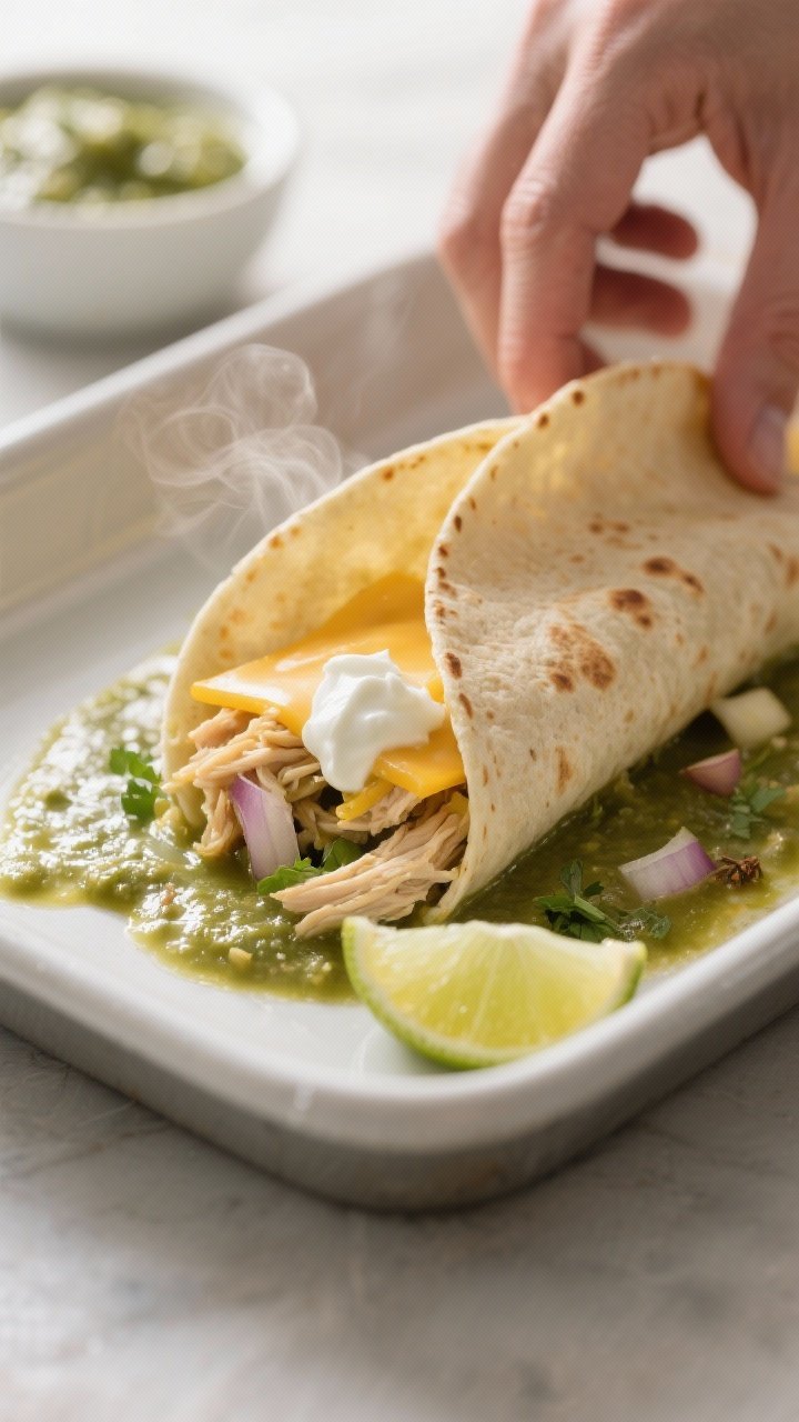 Cooking process close-up: Warm corn tortillas being filled and rolled for gluten-free green chicken 