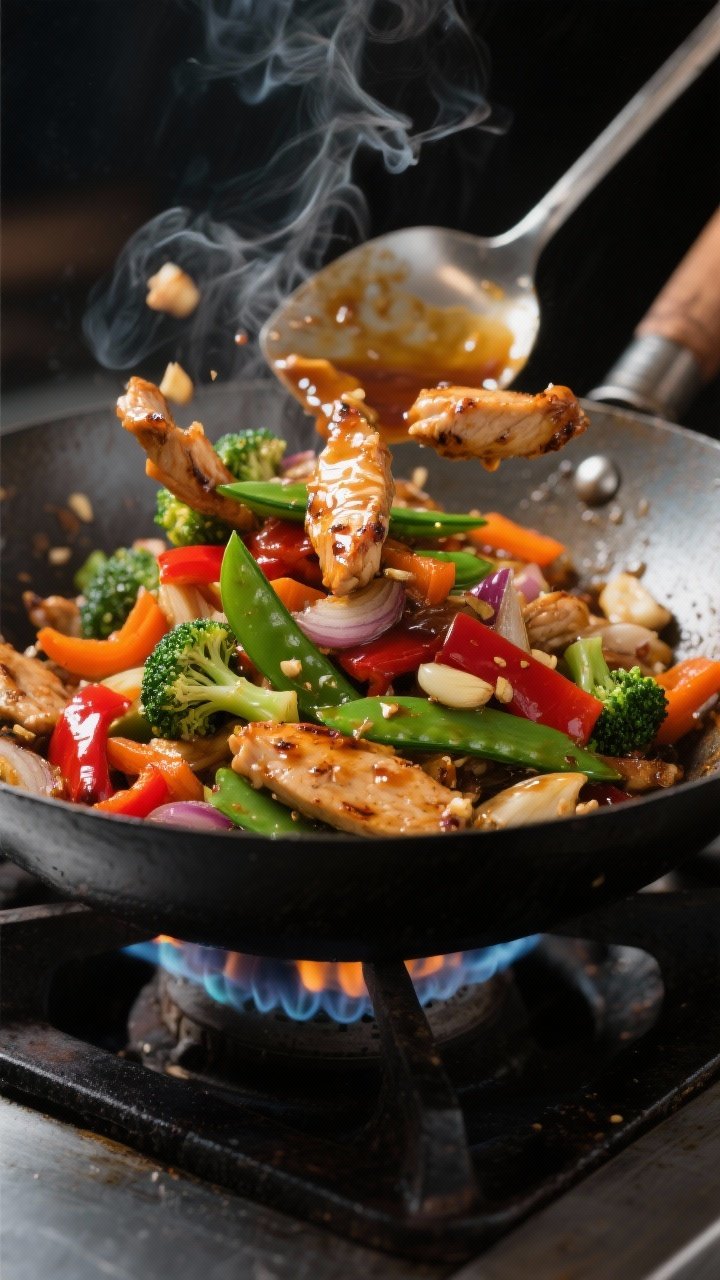 Cooking process, dynamic wok shot: Chicken stir fry sizzling in a carbon steel wok over high heat, c