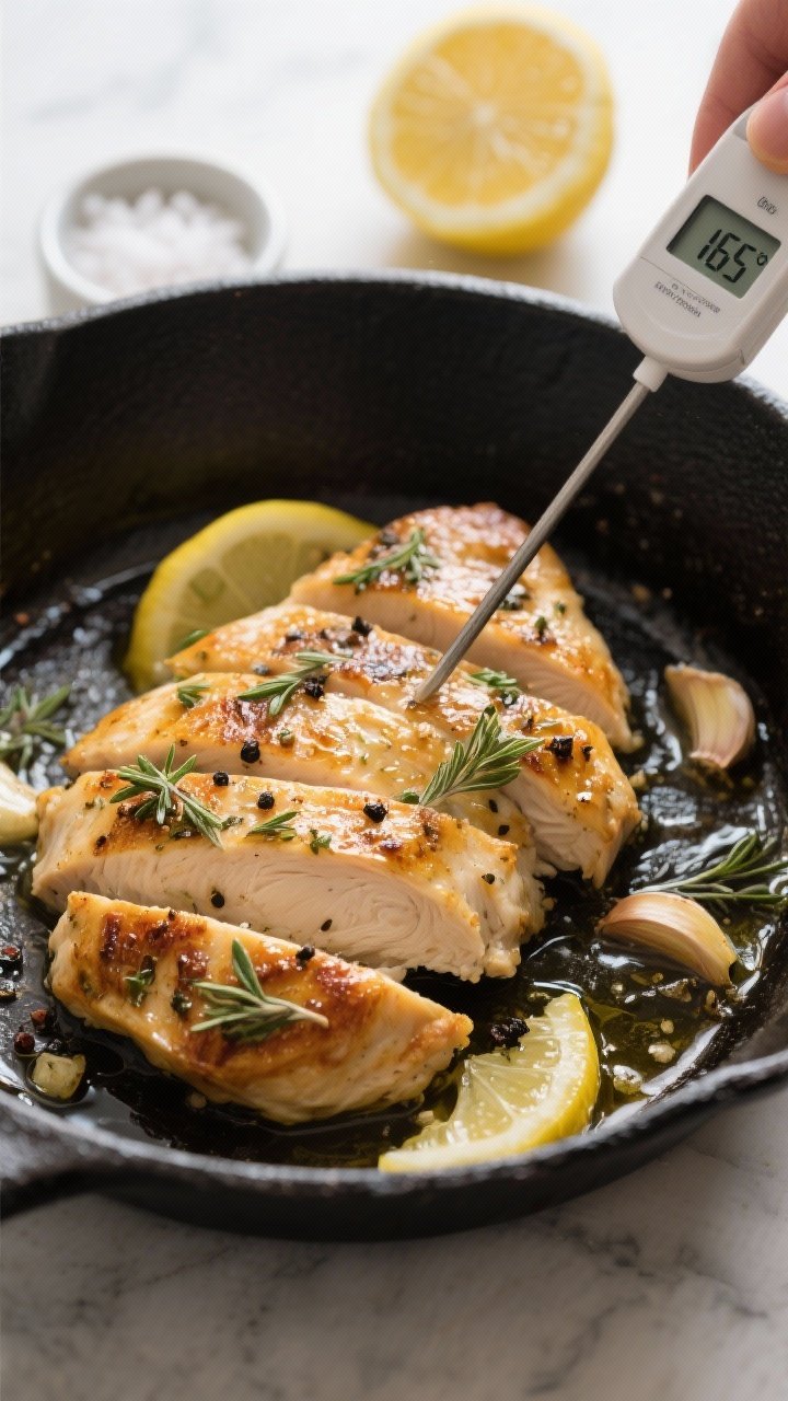 Cooking process — Greek herbed chicken in skillet: Sliced, golden-browned chicken breasts finishin