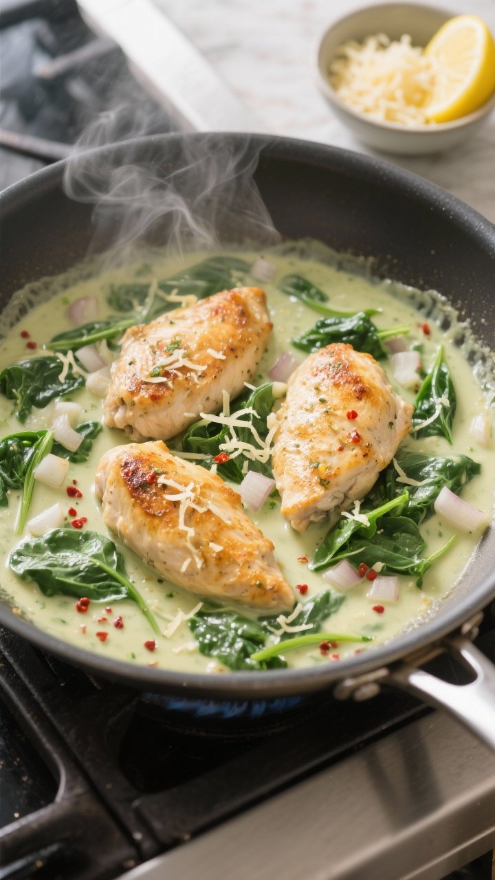 Cooking process, overhead action shot: One-pan creamy spinach chicken simmering in a wide stainless
