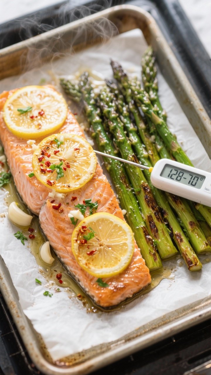 Cooking process, overhead: Sheet pan of roasted salmon fillets and asparagus just out of a 425°F ov