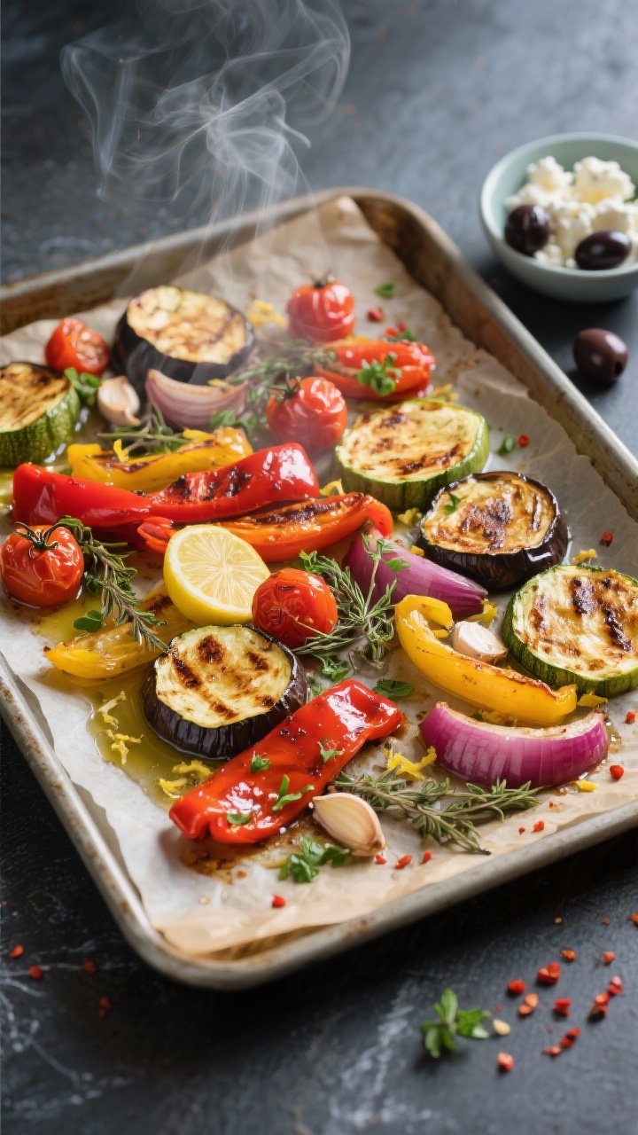 Cooking process, overhead sheet-pan scene: Overhead shot of roasted Mediterranean vegetables just ou