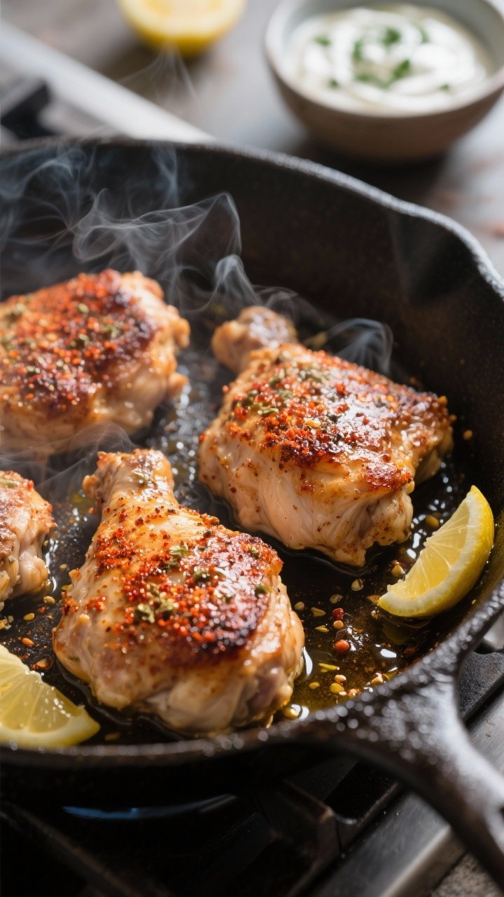 Cooking process — Searing spiced chicken: Close-up of boneless, skinless chicken thighs sizzling i