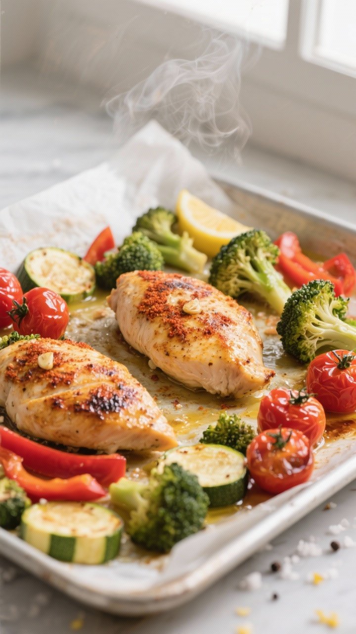 Cooking process, sheet-pan roast: Golden, paprika-garlic rubbed chicken breasts roasting alongside b