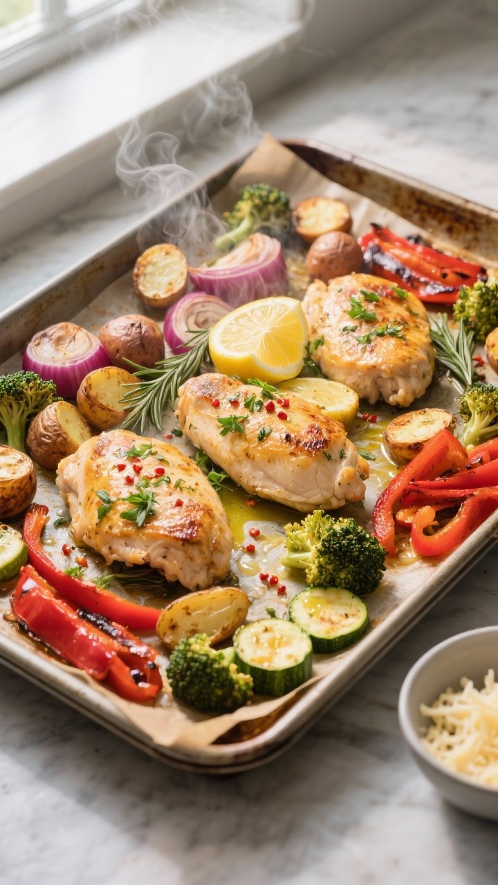 Cooking process — sheet-pan roast in action: Overhead shot of a hot, rimmed baking sheet just pull