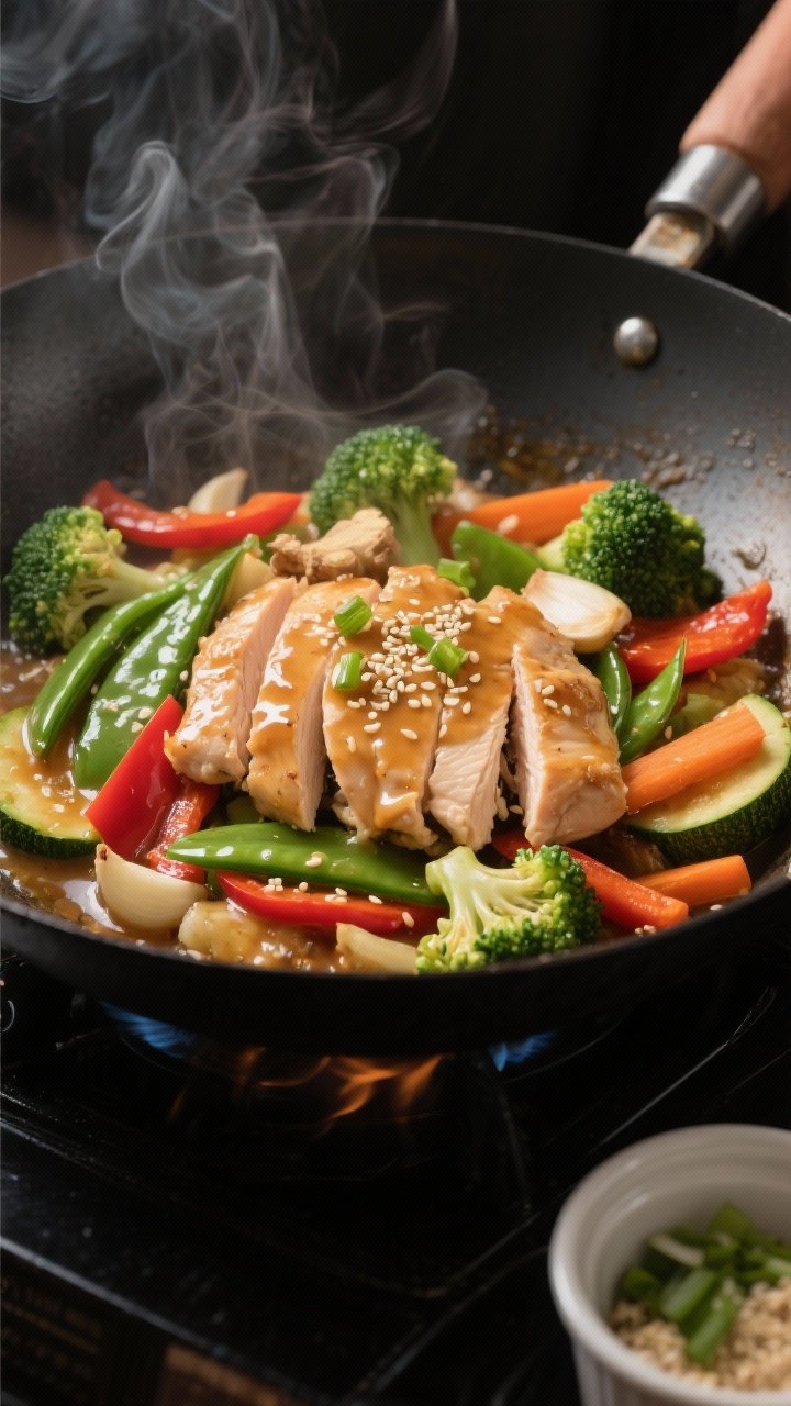 Cooking process shot: Sizzling chicken and vegetables in a hot wok, medium-high heat. Lightly browne