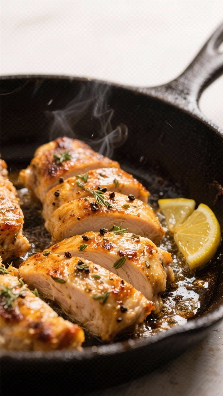 Cooking process shot: Sliced, golden-browned Greek-marinated chicken thighs searing in a cast-iron s