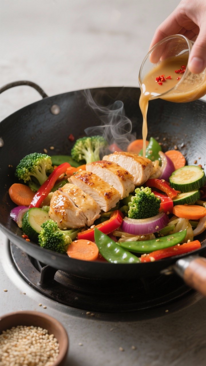 Cooking process shot: Wok-seared chicken and vegetables mid-stir, high heat. Sliced chicken breast j