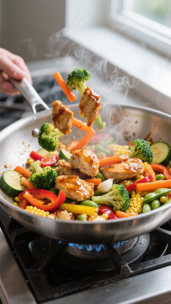 Cooking process, skillet action: Sizzling rainbow veggie chicken stir-fry mid-toss in a large stainl