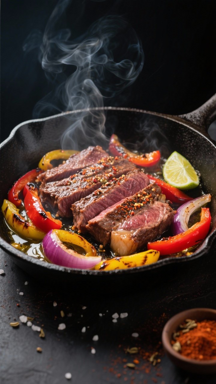 Cooking process, skillet action: Sizzling steak fajitas searing in a very hot cast-iron skillet, med