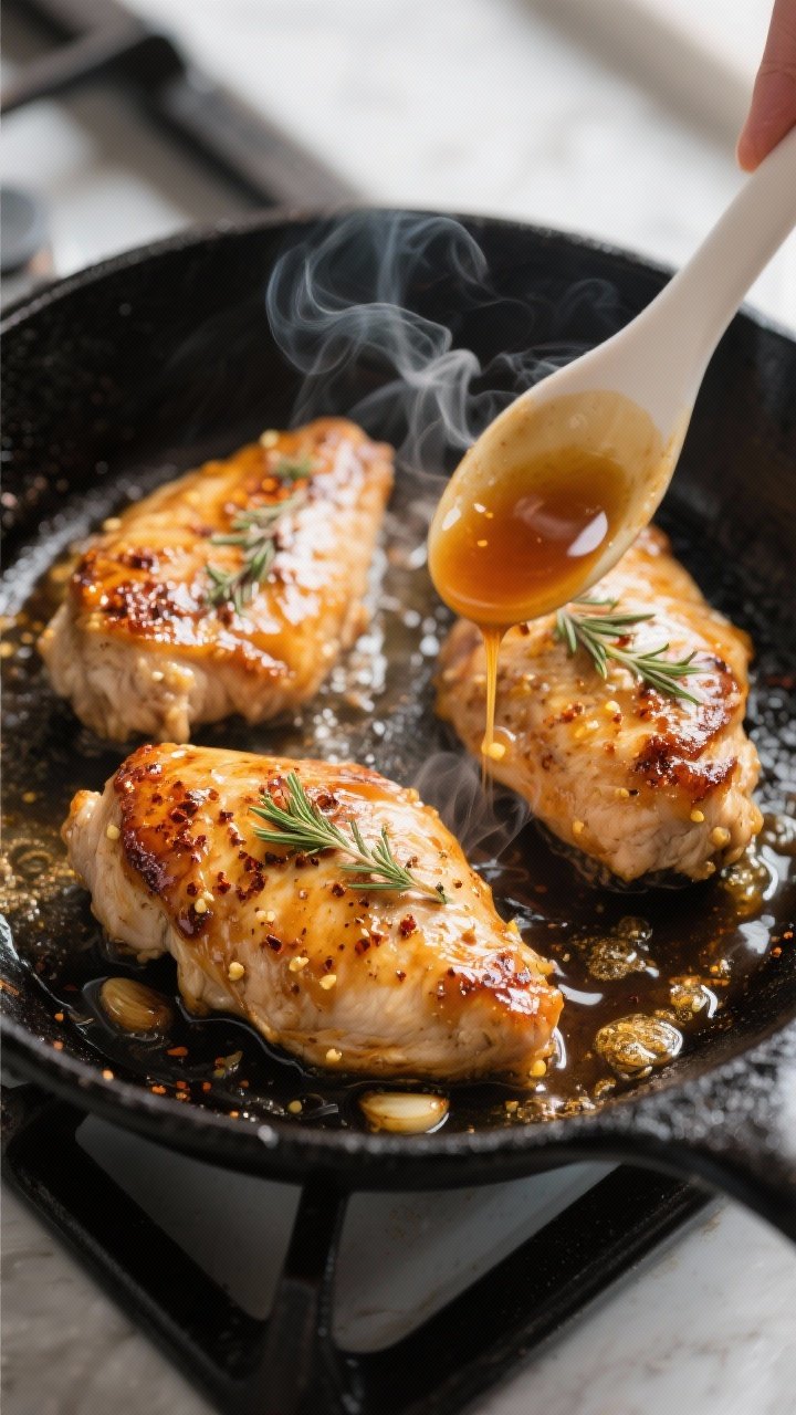 Cooking process, skillet finish close-up: Sizzling Maple Dijon Chicken cutlets in a matte black skil