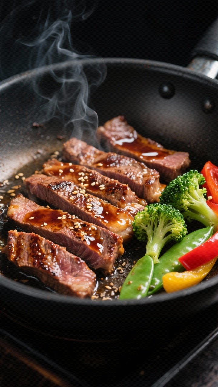 Cooking process — teriyaki steak sear: Close-up of thinly sliced flank/sirloin strips sizzling in