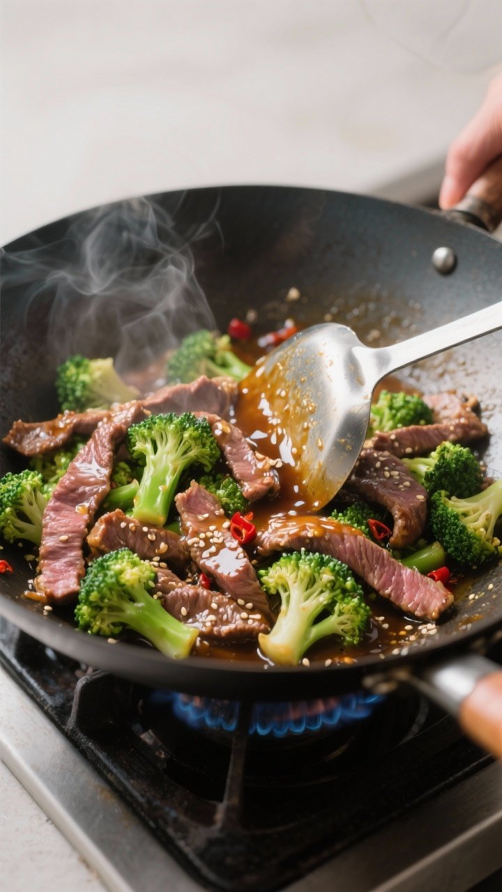 Cooking process, wok action: Searing beef and broccoli in a carbon steel wok over high heat, glossy 