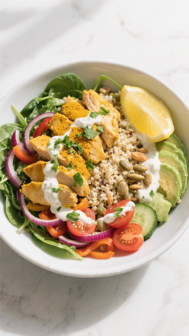 Final bowl overhead: Bright, clean-eating Golden Turmeric Chicken Bowl arranged artfully in a wide w