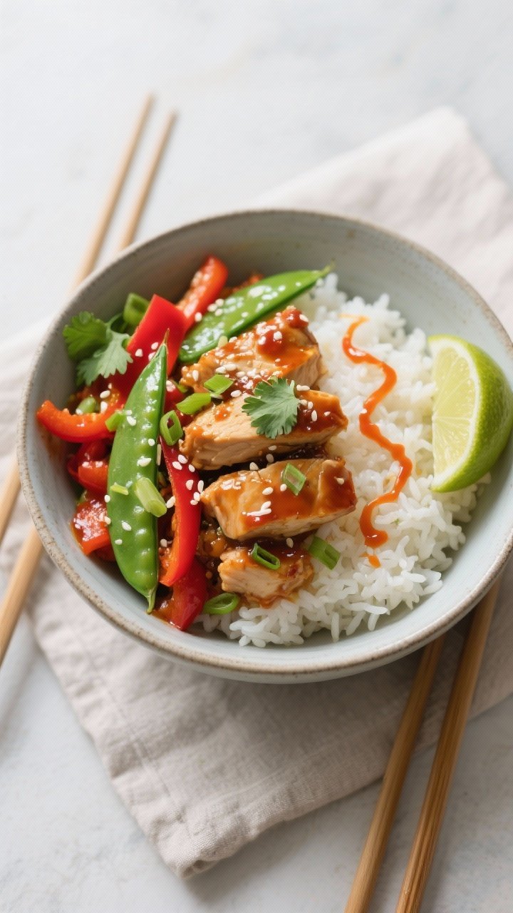 Final bowl overhead: Fully assembled Sweet Chili Chicken Rice Bowl shot top-down—fluffy jasmine ri
