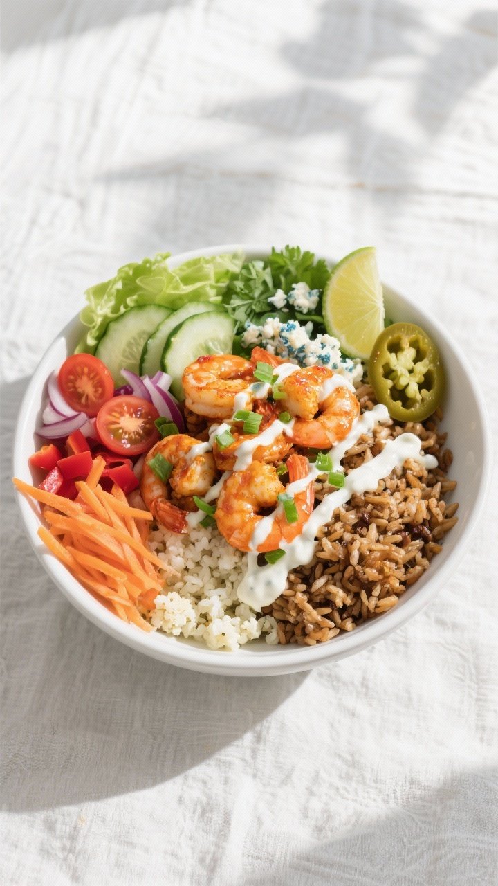 Final bowl overhead: Healthy Low Calorie Buffalo Shrimp Bowl arranged in sections over fluffy caulif