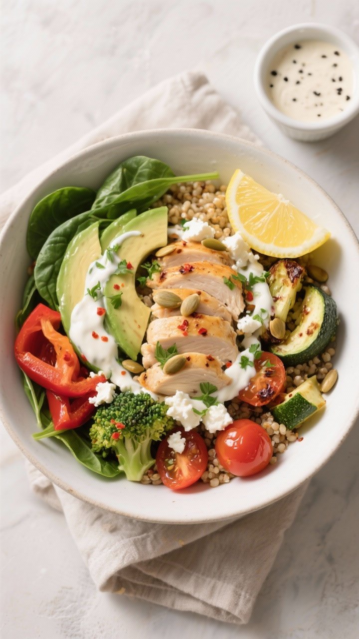 Final bowl, overhead hero shot: Healthy Chicken & Veggie Power Bowl assembled in a wide, matte-white