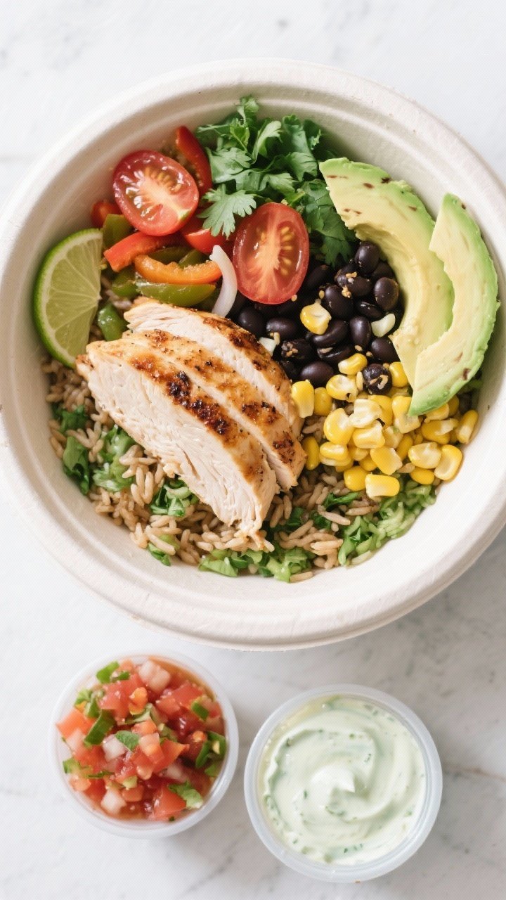 Final bowl overhead: High-protein chicken burrito bowl meal prep arranged in a matte-white meal prep