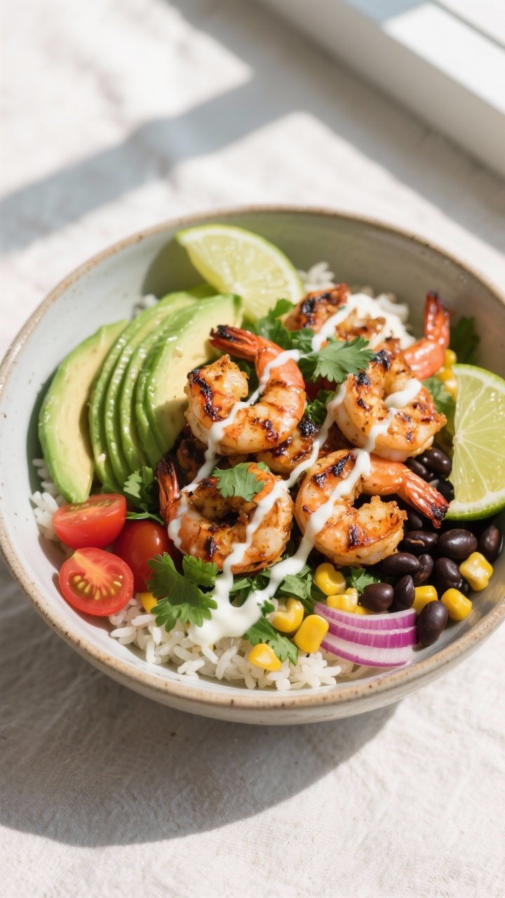 Final bowl overhead: High Protein Chipotle Lime Shrimp Bowl presented top-down in a wide, shallow ce