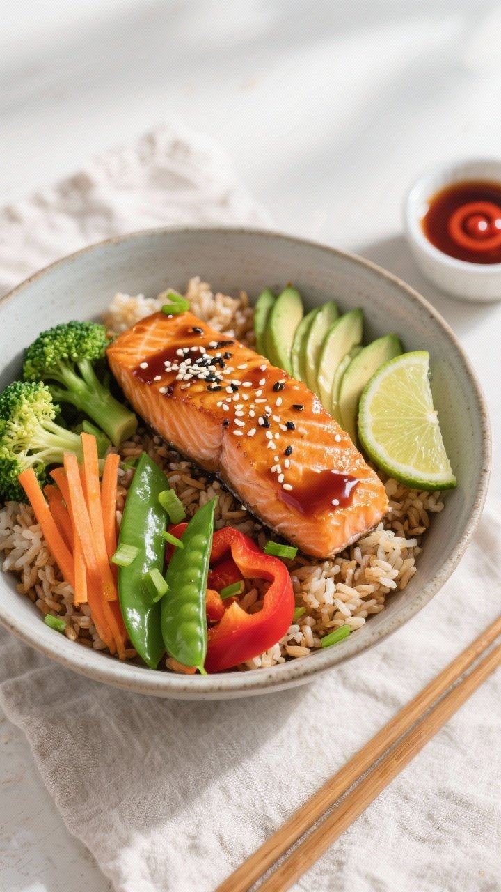 Final bowl overhead: Overhead shot of Healthy High Protein Salmon Teriyaki Bowl—fluffy jasmine or