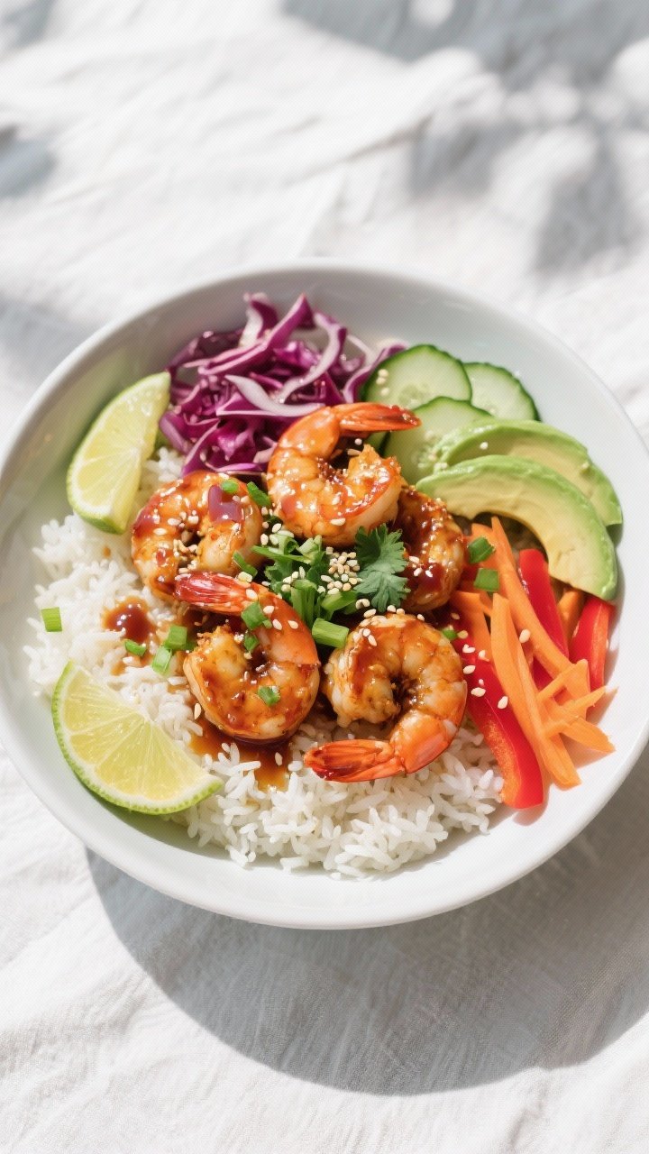 Final bowl overhead: Overhead shot of High Protein Sweet & Spicy Shrimp Bowl beautifully plated—fl