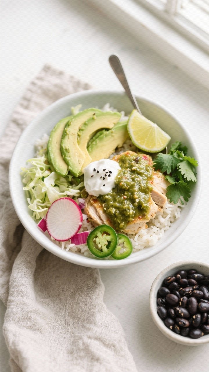 Final bowl overhead: Overhead shot of Slow Cooker Chicken Salsa Verde Bowl arranged on cilantro-lime