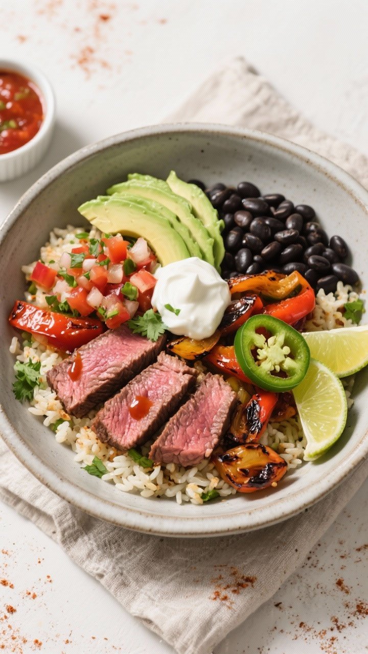 Final bowl, overhead presentation: Overhead shot of a Steak Fajita Bowl with cilantro-lime rice as t