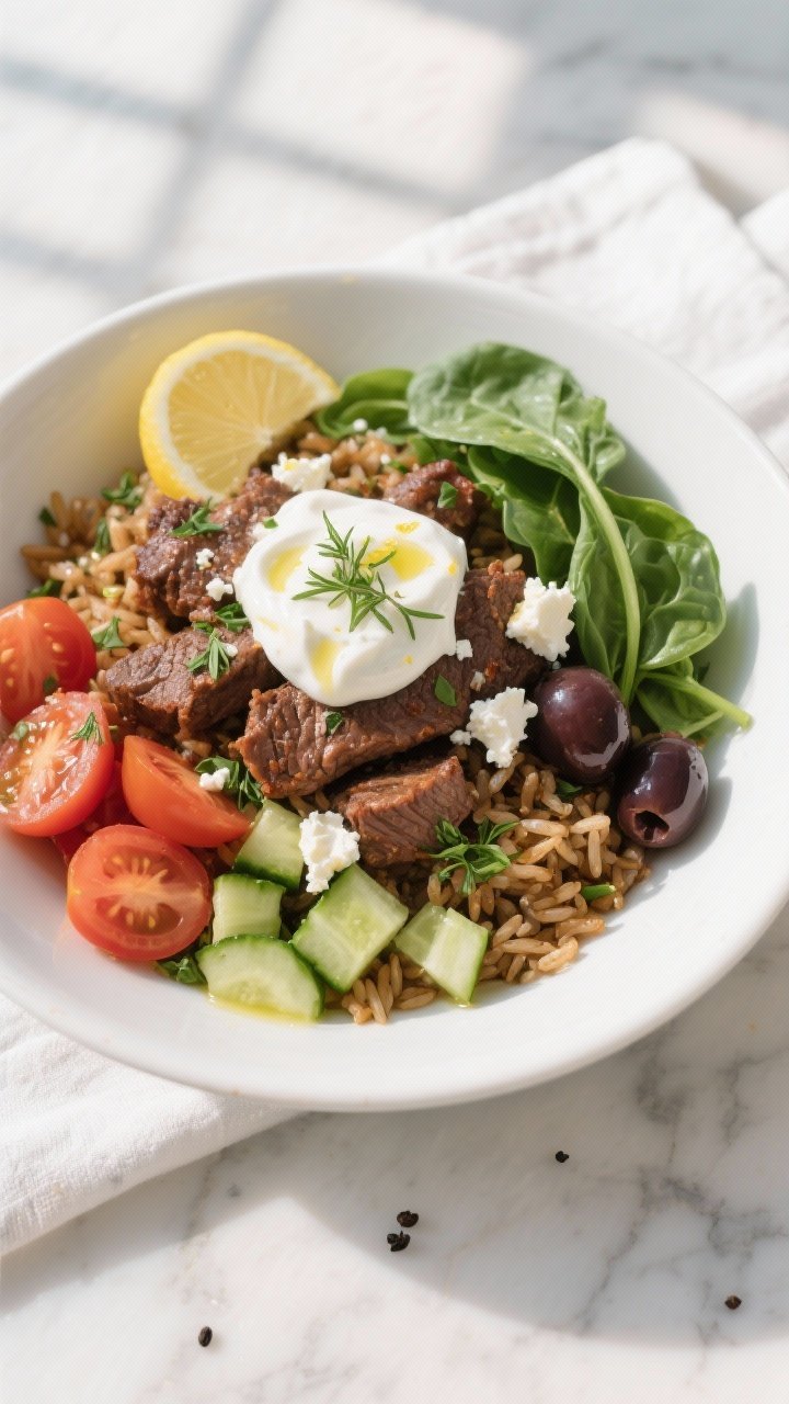 Final bowl, tasty top view: Overhead shot of a Greek Beef & Brown Rice Bowl neatly composed in a mat