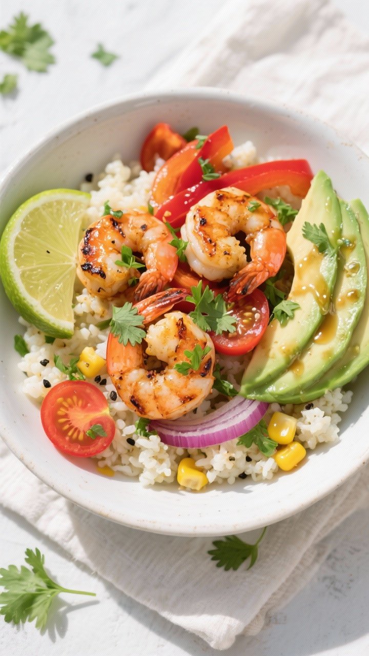 Final bowl top view: Overhead shot of a Healthy Low Calorie Cilantro Lime Shrimp Bowl arranged over