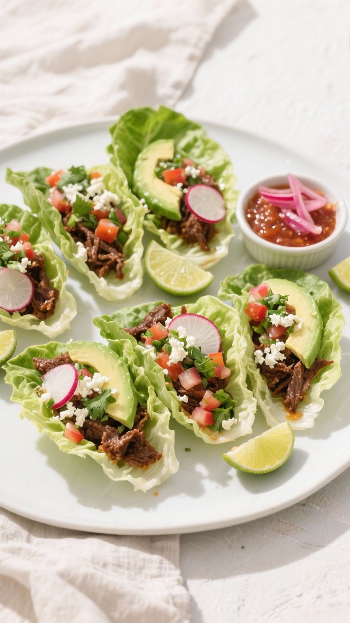 Final dish — lettuce taco spread (top-down): overhead shot of assembled barbacoa lettuce tacos usi