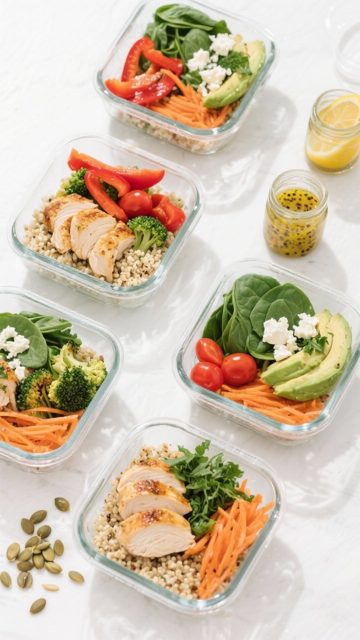 Final dish – Meal prep bowls overhead: Overhead shot of four glass meal prep containers filled wit