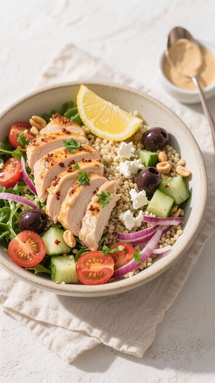 Final dish – overhead assembly bowl: Overhead shot of a vibrant Mediterranean Chicken Bowl neatly