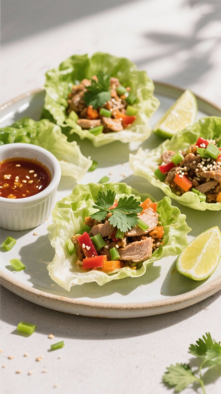 Final dish overhead: Beautifully assembled turkey lettuce wraps in butter lettuce cups on a light ce
