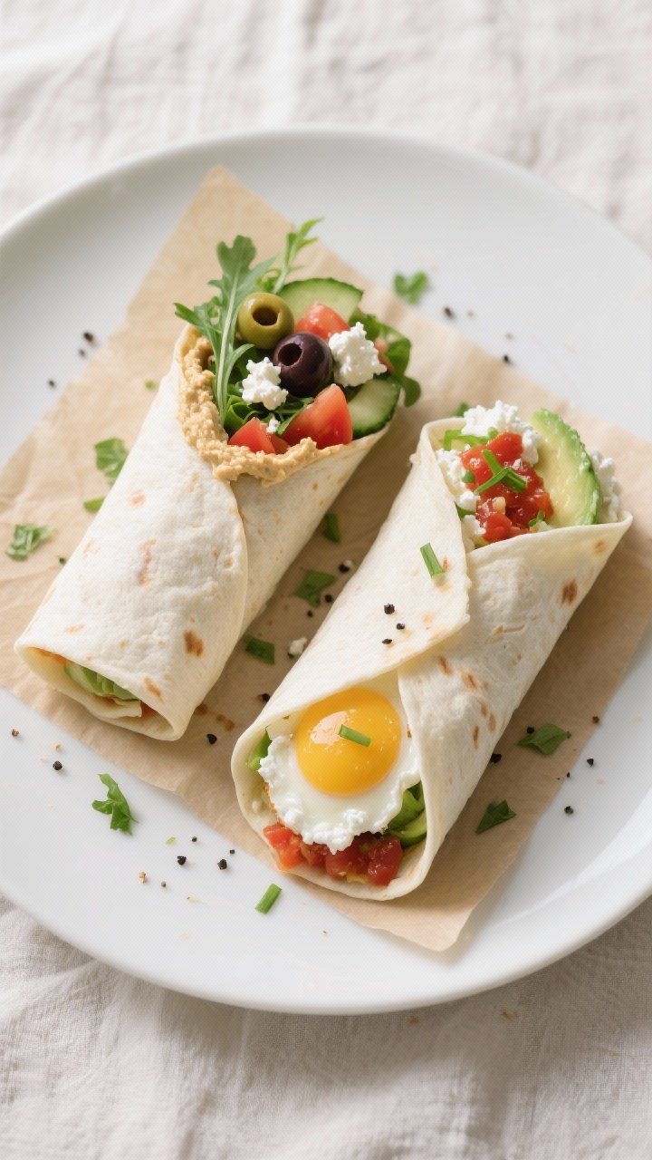 Final dish overhead: Beautifully plated high-protein egg white wraps filled two ways for variety—o