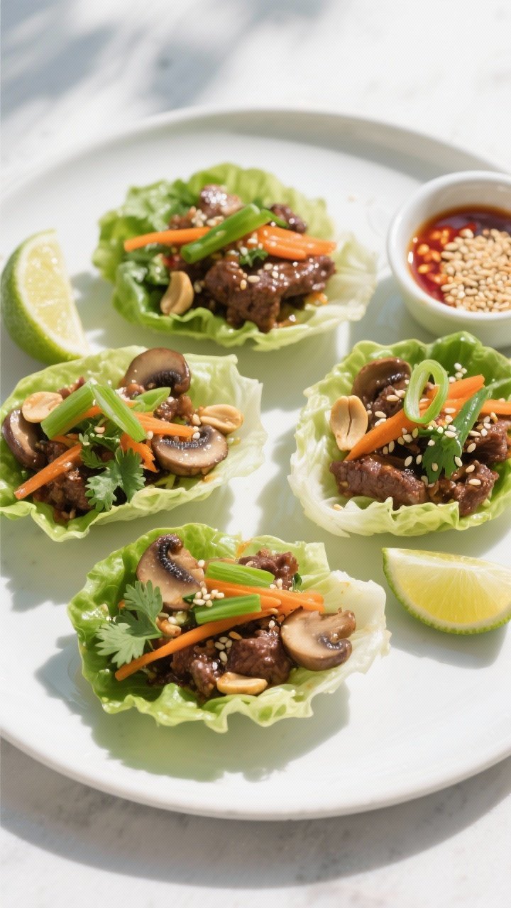 Final dish overhead: Beef & Mushroom Lettuce Boats neatly arranged on a matte white platter—butter