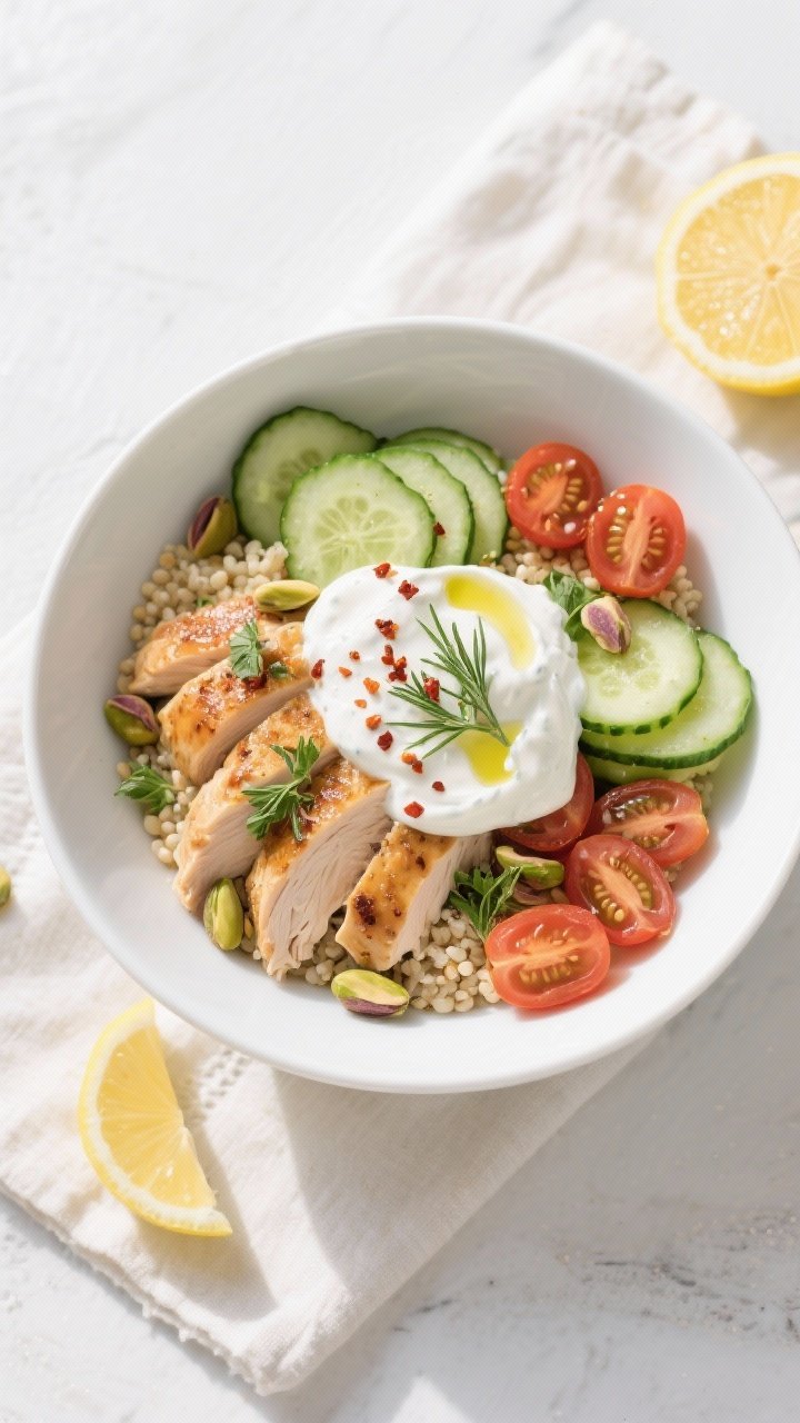 Final dish — Overhead bowl composition: Tasty top-view shot of a Chicken Cucumber Yogurt Bowl arra