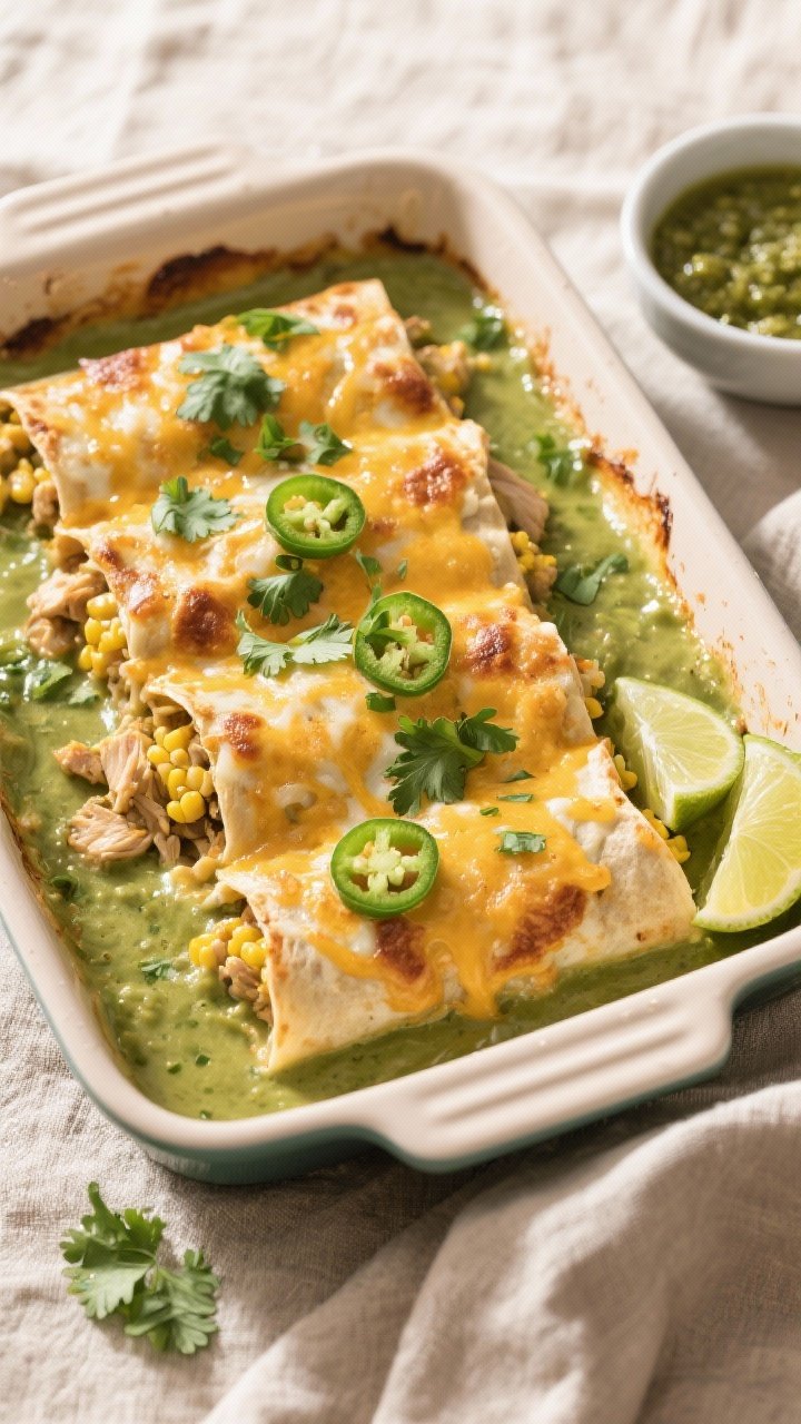 Final dish overhead: Bubbling, golden-topped Green Chile Chicken and Corn Enchiladas fresh from the 
