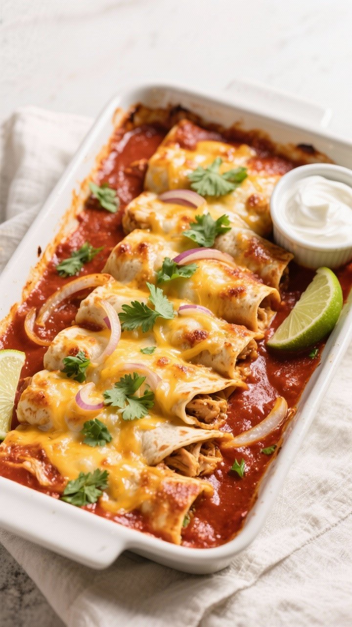 Final dish overhead: Chicken enchiladas baked in a 9x13 dish, showing neat rows of tortillas blanket