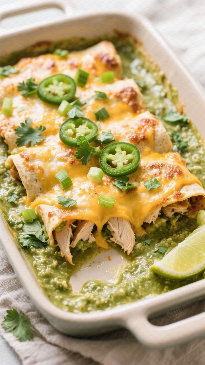 Final dish overhead: Freshly baked gluten-free green chicken enchiladas, showing bubbly, lightly bro
