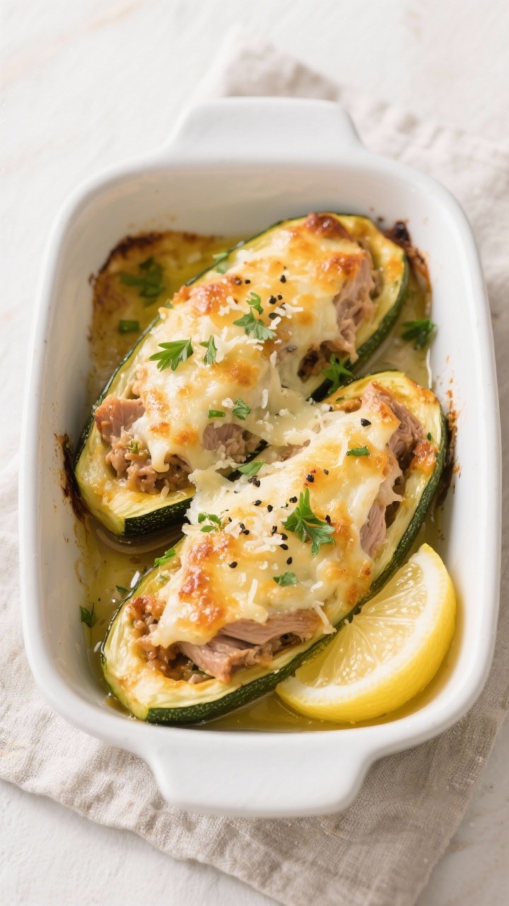 Final dish overhead: Golden, melty turkey stuffed zucchini boats just out of the oven in a white cer