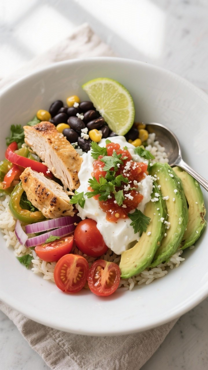 Final dish overhead: Healthy Chicken & Avocado Burrito Bowl in a wide white bowl, showing tidy secti