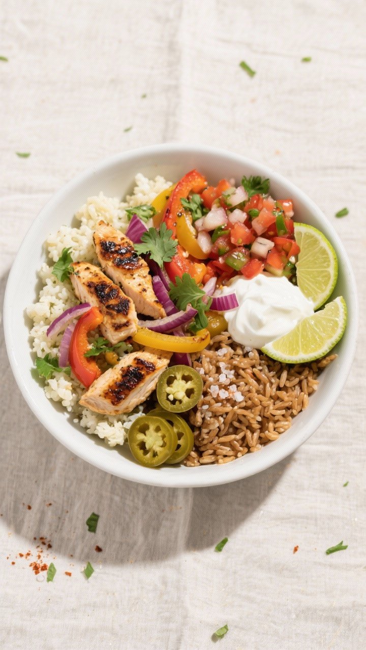 Final dish overhead: Healthy low calorie chicken fajita bowl, neatly composed with cauliflower rice 