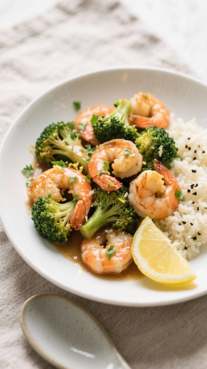 Final dish overhead: Healthy Low Calorie Garlic Shrimp & Broccoli plated in a wide white shallow bow