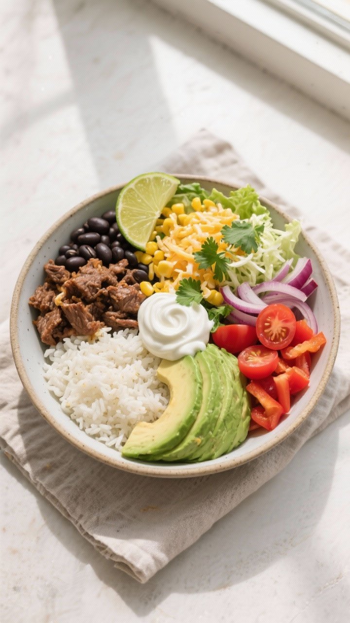 Final dish overhead: High Protein Beef Burrito Bowl arranged in a wide, shallow ceramic bowl—quadr