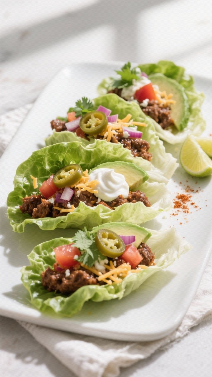 Final dish overhead: High Protein Beef Taco Lettuce Wraps arranged in a neat fan on a matte white pl