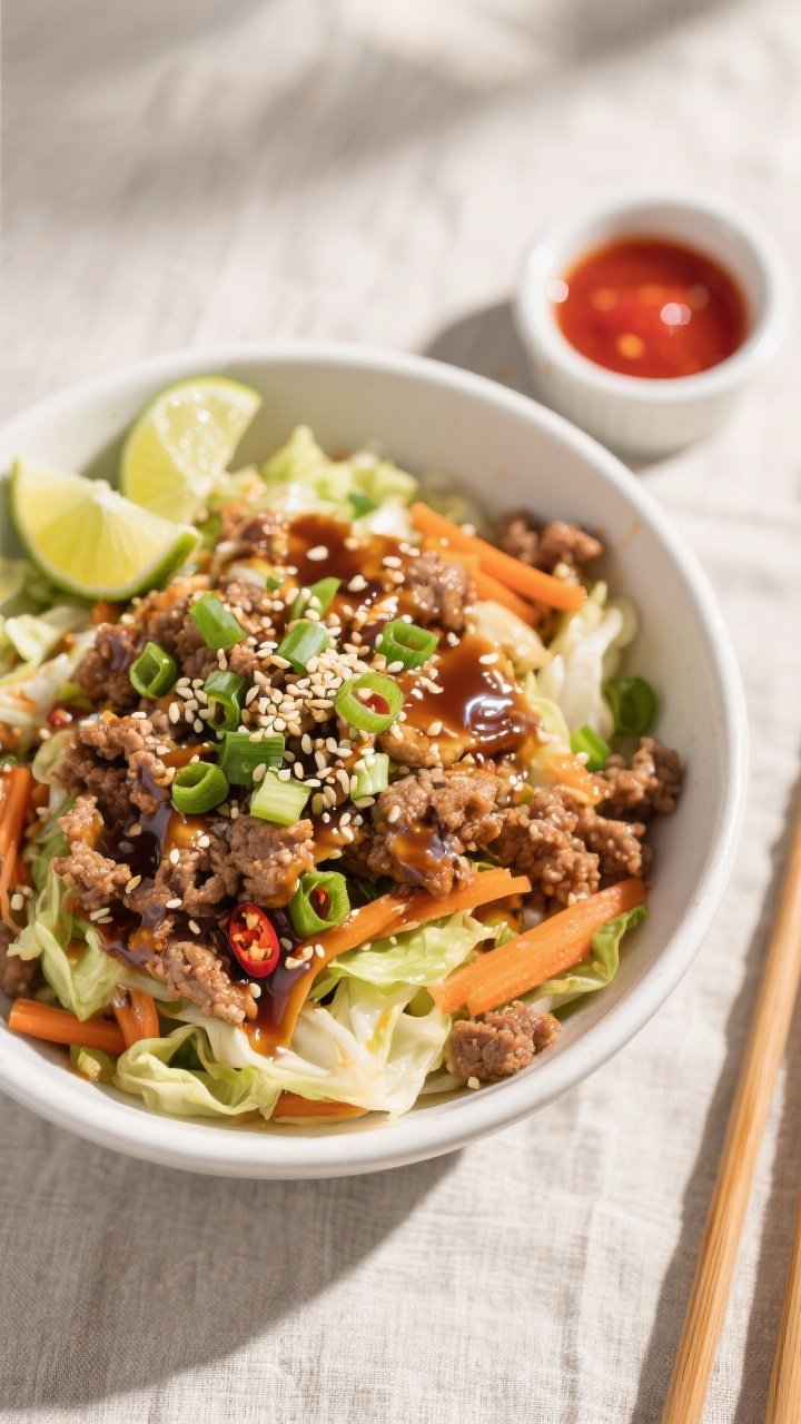 Final dish overhead: High Protein Egg Roll in a Bowl plated in a wide matte white bowl, ; evenly dis