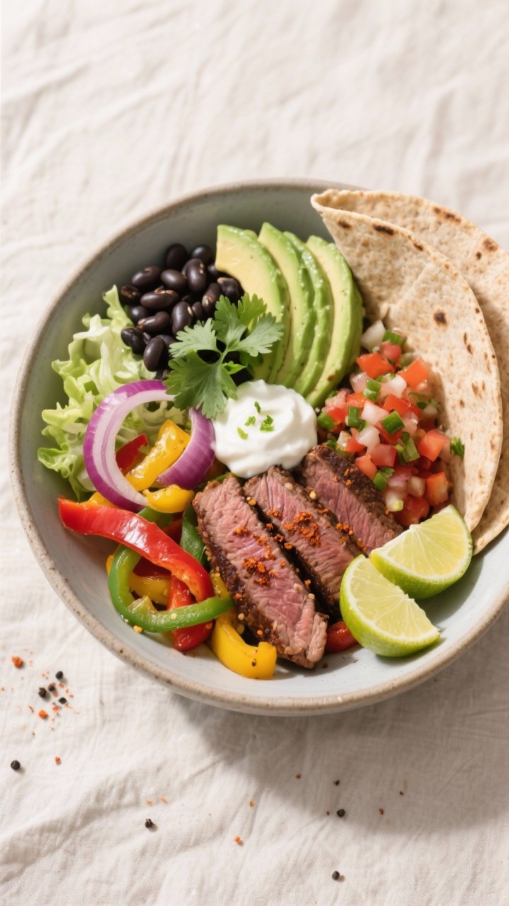 Final dish overhead: High-protein steak fajita bowl arranged artfully—juicy sliced flank steak wit
